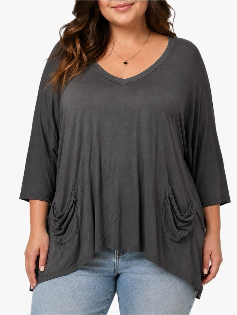 LOGO by Lori Goldstein Charcoal Gray Asymmetrical Pocket Top Plus Size 2X